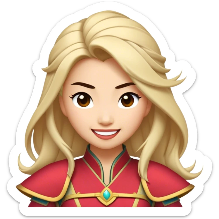 Cinematic Playful Mulan Portrait Emoji, Mid-laugh with a strand of hair falling over her face, adjusting her armor, eyes full of adventure, exuding an irresistible mix of beauty and fun, the perfect blend of warrior and princess! sticker