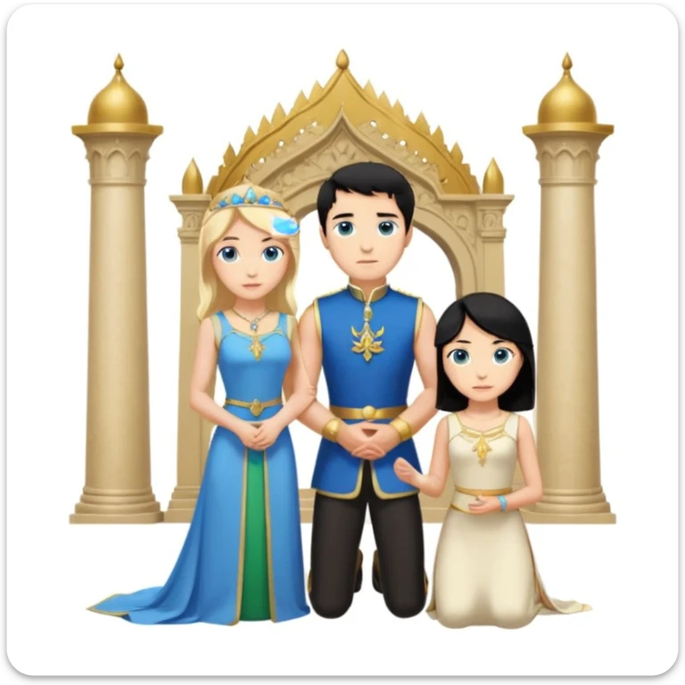Man as king, black Hair, blue eyes, woman, blonde, green eyes, shott white sleveless Dress, kneeling, background palace sticker