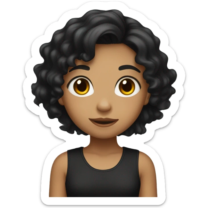 A young girl with light brown skin, black hair, wavy hair, and wearing a black t-shirt sticker