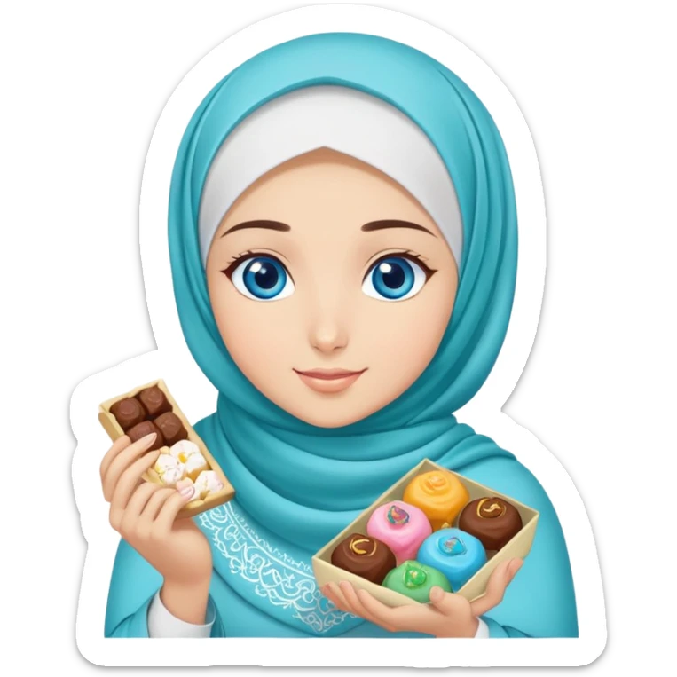 Turkish beautiful finish Konya girl blue eyes with turkis hijab islamic dress and had on her hand text Eid Mubarak with sweets and celebrating with her friends eid days   sticker