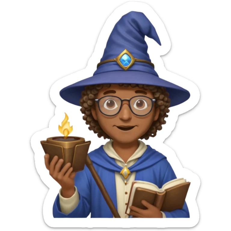 A Joyful Adult Male with Brown skin and Curly hair, wearing a Traditional outfit, a Wizard hat, Sunglasses, carrying a Spellbook, working as a farmer, while drinking Coffee and reading a Textbook. sticker