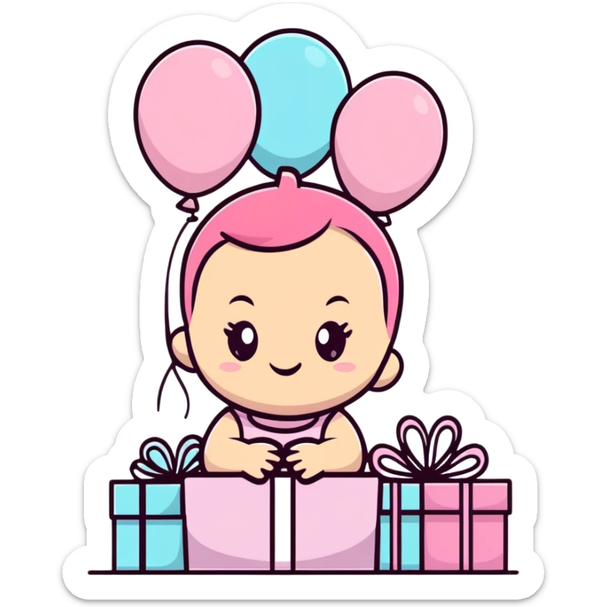 happy baby girl surrounded by pastel pink balloons and presents at birthday party sticker