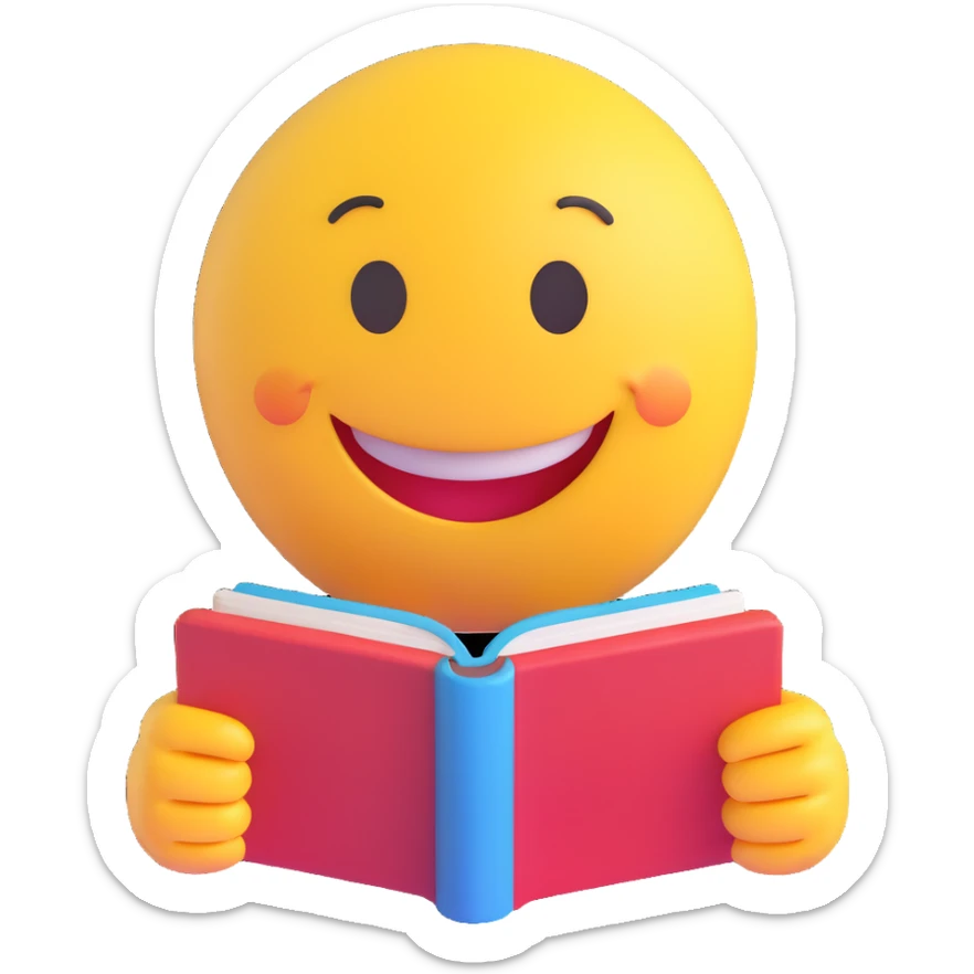 3D smiley emoji, round shape, grandmother with storybook, pink color, smiling face sticker