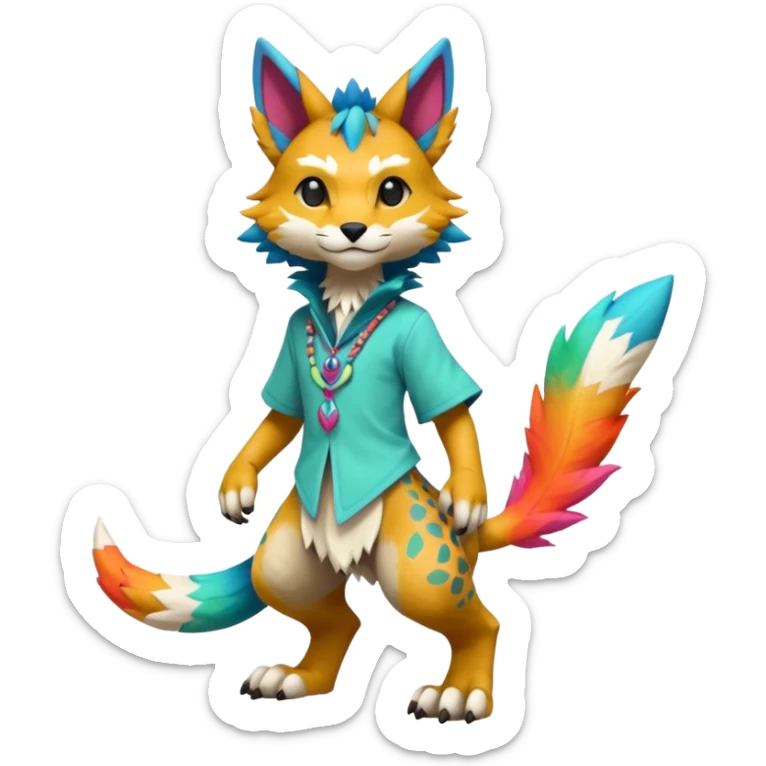 Colorful warm-colored randomly-colored tropical kawaii edgy cute Lynx-Trico-Sergal-Wolf-Vernid-Fakémon-Pokémon-creature (full body) sticker