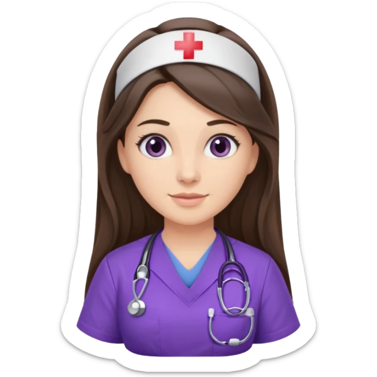 pretty brunette nurse with long hair in purple scrubs sticker