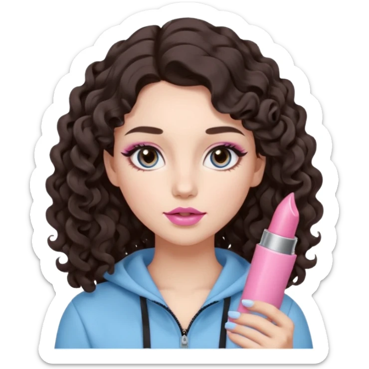 A girl with long dark brown hair styled in loose 36mm curls, round-almond Douyin-style eyes with long curled lashes, cool-tone neutral makeup. She’s wearing a light-blue athletic outfit and holding a normal-size pink lipstick (not oversized) in one hand. sticker