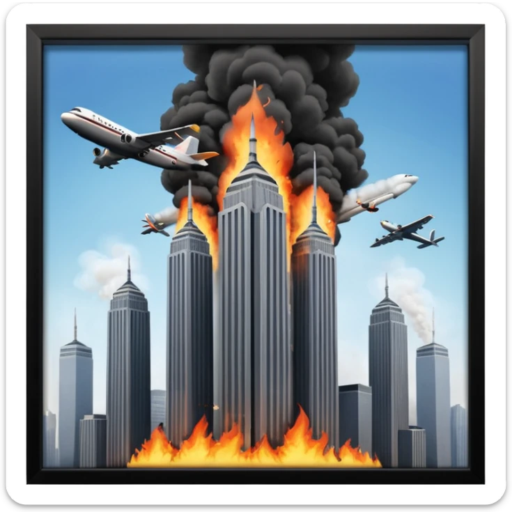 Make a sticker for what happend in New York towers on 9/11 make it 3d with the airplane hitting them  sticker
