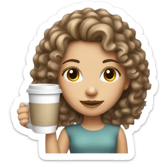A white girl with darkblonde curly hair holding a cup of coffee sticker