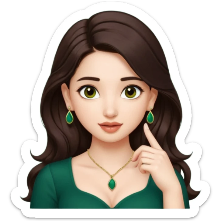 pretty bratz genmoji that, wearing a dark green sweetheart neckline top, dark brown hair, light makeup, no necklace, dangly earrings, SIDE hair part, fair. dark brown eyes, long hair
SHe should look like tamannaah bhatia - bollywood actress
Show her licking her finger  sticker