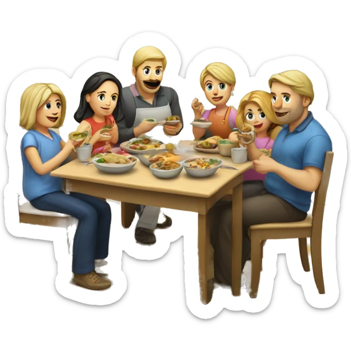 Caucasian family of 8 members eating at kitchen  sticker