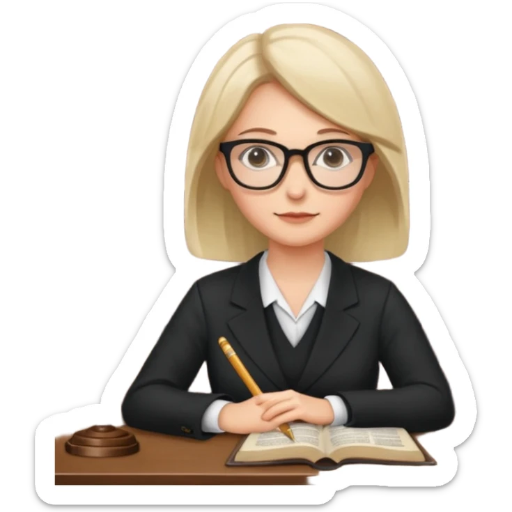 lawyer woman, sitting at a desk with law books, glasses, focused sticker