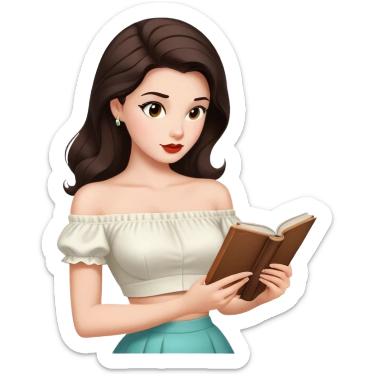 Beautiful woman in 1950’s woman fashion look, off-shoulder white shirts crop top, long dark brown hair, reading sticker
