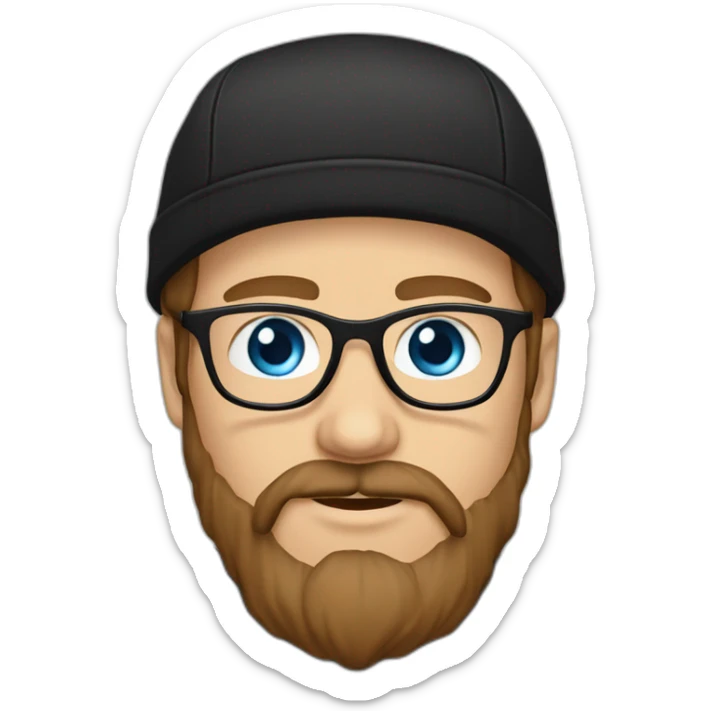 guy with straight very long brown hair and blue eyes and wears transparent glasses and with beard and wears black tshirt and wears black cap sticker