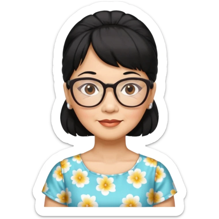 filipino woman black hair in one pony tail with straight bangs and big glasses, 60 yr old, nice dress

 sticker