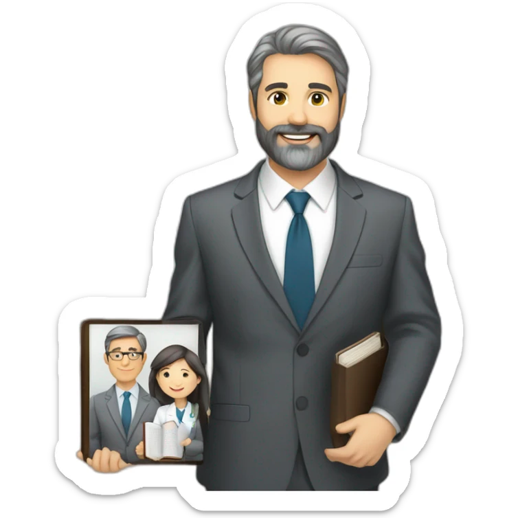 husband caucasian age 55 dark gray hair trimmed beard wearing business suit holding bible, wife asian age 55 dark hair nurse uniform, no children sticker