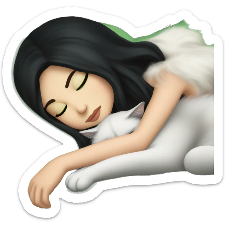 A pretty white girl with very long black hair and green eyes sleeping curled up to a cat  sticker