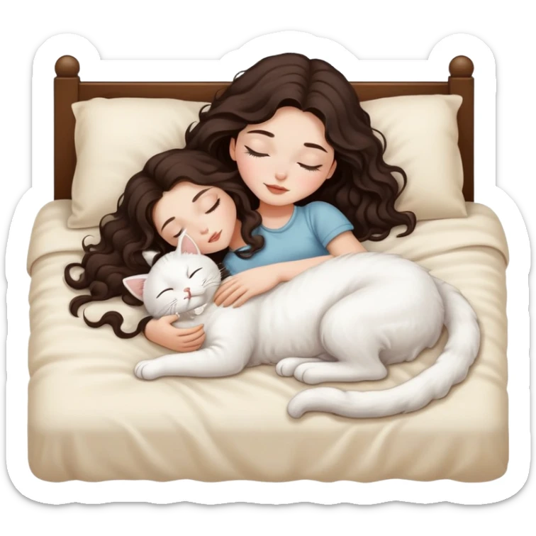 White Barbie girl dark brown long wavy hair sleeping with white kitty at cream bed sticker