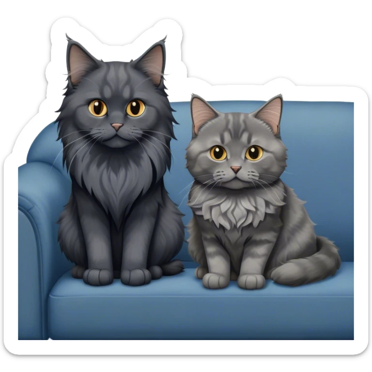 Portrait of a black smoke Maine Coon cat with long grey ear tufts, alongside a British Shorthair cat with a solid blue coat on sofa. Both cats with detailed fur textures and playful expressions. Soft, elegant background of room with warm, natural tones. Transparent background. sticker