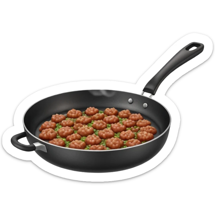 A 3D cartoon frying pan with minced meat being cooked, slight steam, realistic texture, Memoji-style. sticker