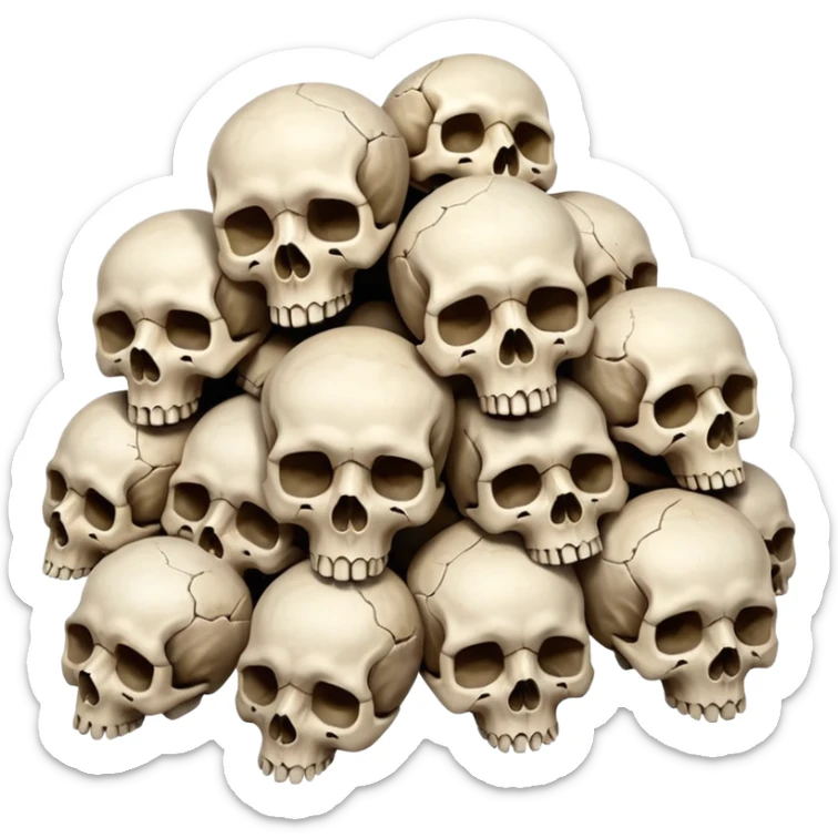 Piles of Skulls, filling the whole screen, top down perspective, in the style of gritty realism sticker