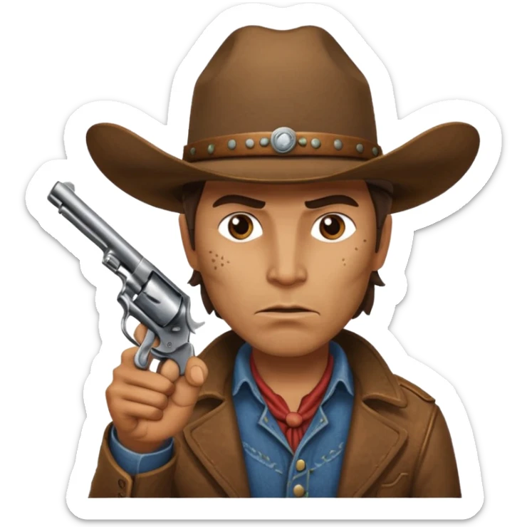 A cowboy pointing his revolver in your face  and saying, "Give me your money." sticker