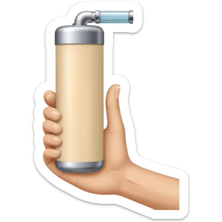 beige skin colored hand holding a cylindrical tube, no sleeves, no clothes sticker