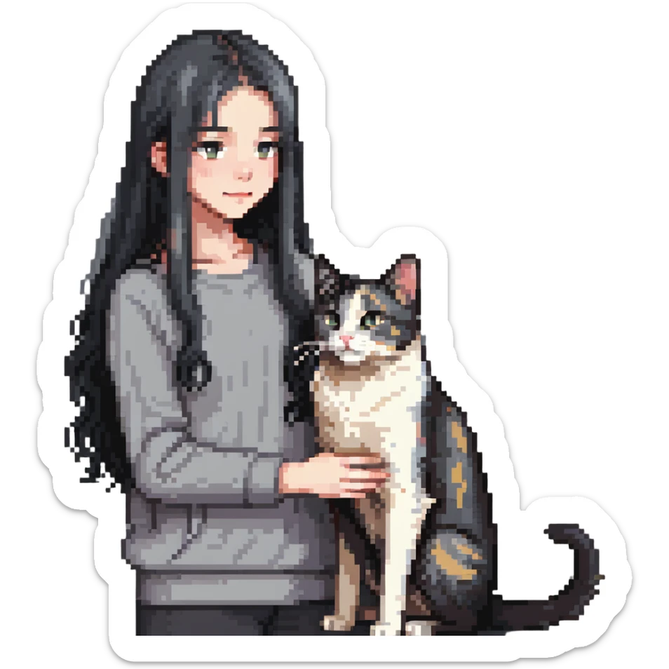 Beautiful girl with long black hair petting a gray and blonde mixed cat sticker
