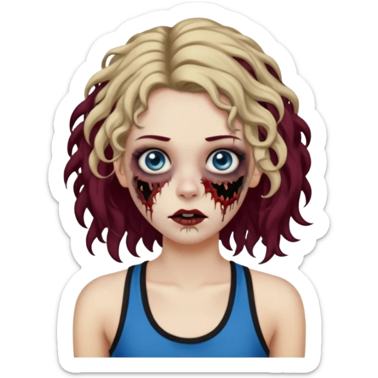 Crie um emoji de uma garota zumbi, como esta: "🧟‍♀️'. Porém invés da camiseta, uma regata fina e de cor preta, os cabelos loiros escuros na altura do ombro e picotado, liso na raiz e cacheado nas pontas, com mechas azuis nas mechas da frente e a parte de trás pintada de vermelho vinho sticker