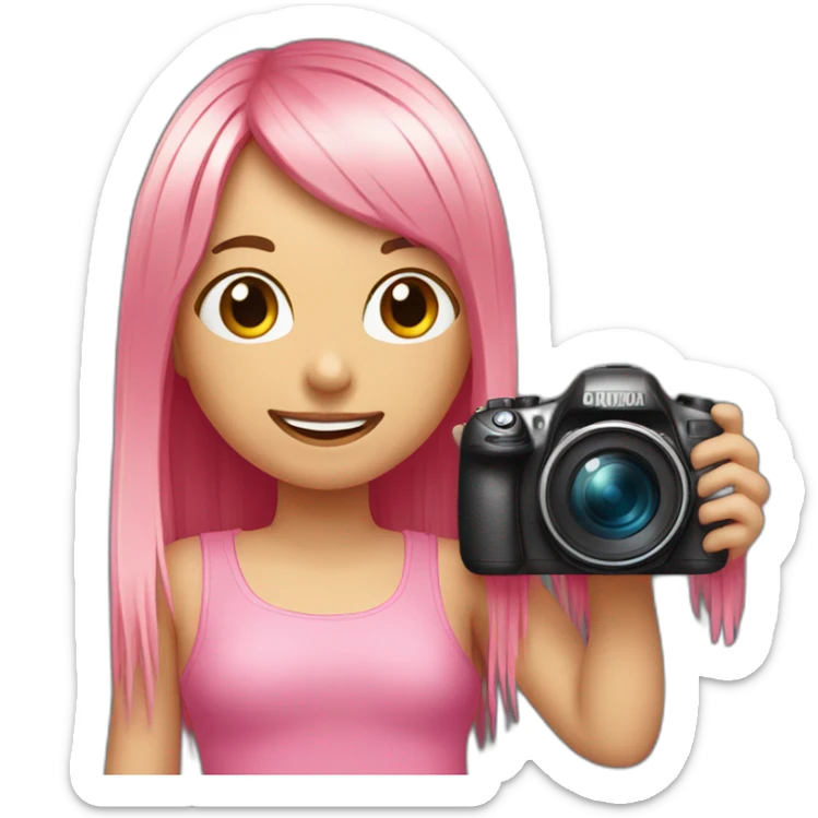 happy girl with long, straight rose hair with fringe and holding camera and wearing pink, pretty top sticker