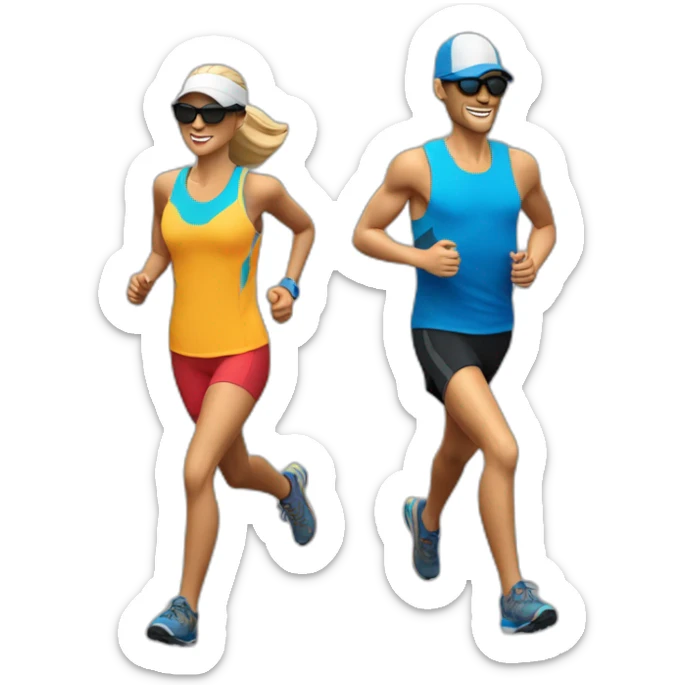 a pair of trail runners running with cap a light Running Vest and a pair of sunglasses sticker