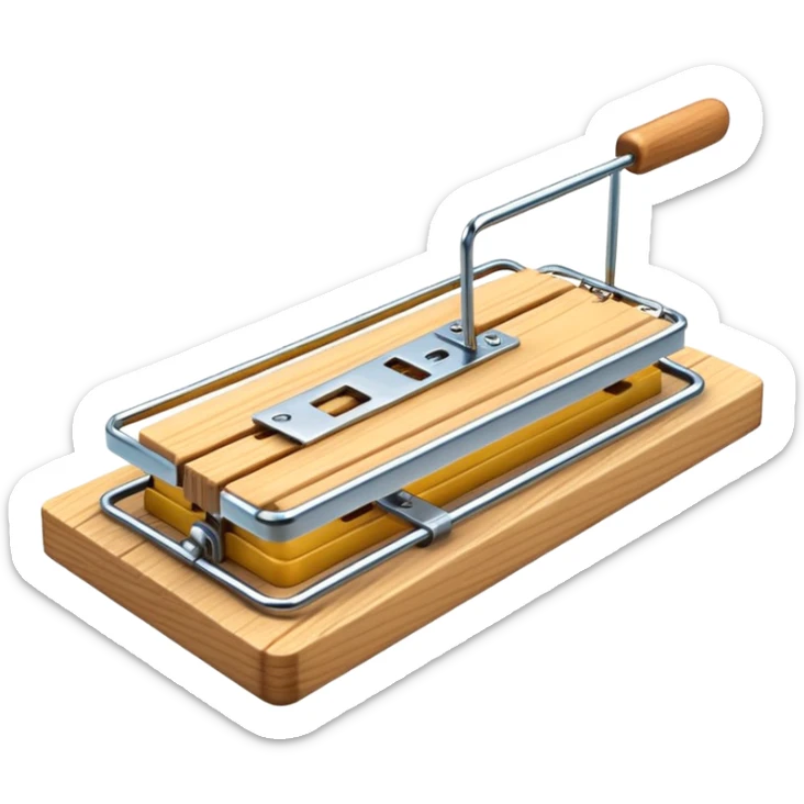 A 3D emoji in iOS emoji aesthetic style of a classic mousetrap without cheese, showing a wooden base and metal spring mechanism, clean minimal design, bright lighting, glossy Apple-style look, white background. sticker