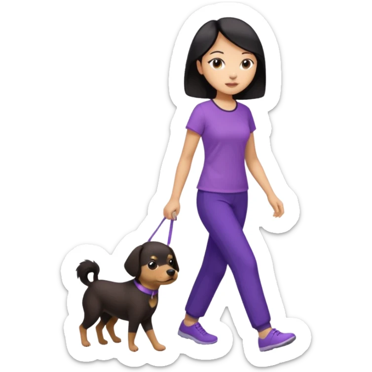 black hair Chinese woman wearing purple top and black pants walking one small brown dog sticker