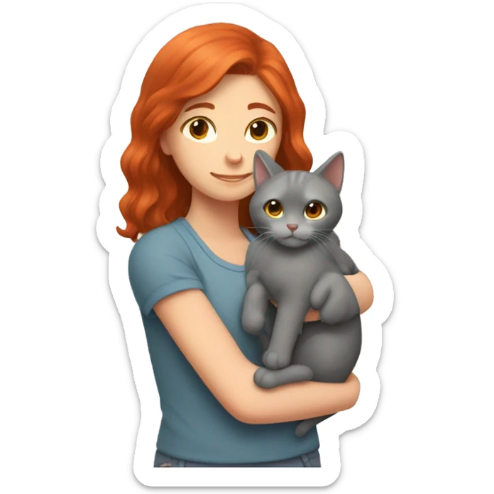 A gray cat in the arms of a red-haired girl sticker
