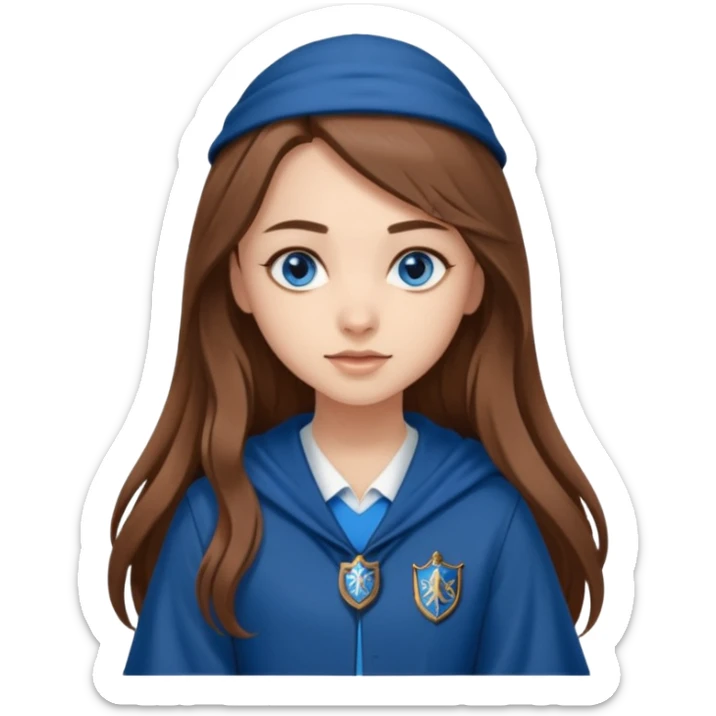 gorgeous Girl with light skin, blue eyes, long brown hair, wears a ravenclaw outfit sticker