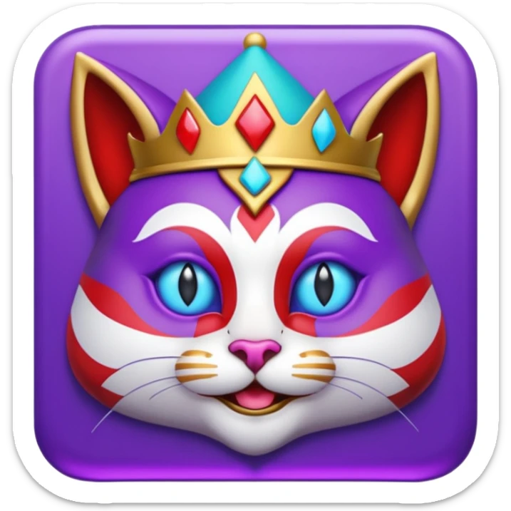 crazy colorful cute little cat jolly joker from poker, medieval, vintage, court jester, mac os icon, purple, gold and red color, half body, blue ice eyes. Squared shape as 3D mac os icon, symmetrical sticker