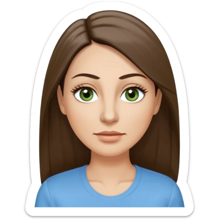43. year old Adult woman avatar, light skin tone, long, oval face, long straight ashy brown hair, green almond-shaped eyes with dramatic eyelashes and minimal eyeliner, neutral mouth, medium straight eyebrows, small nose, smooth skin, sky blue shirt sticker