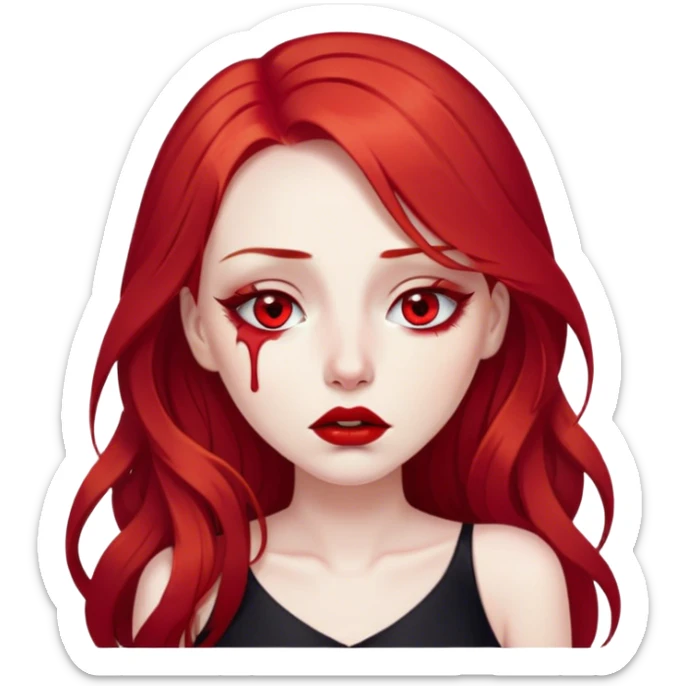 a crying woman with long red hair and red eyes. The woman wear a black little cutted dress. She have red lipstick and she have a seductive look. She cryed tears  sticker