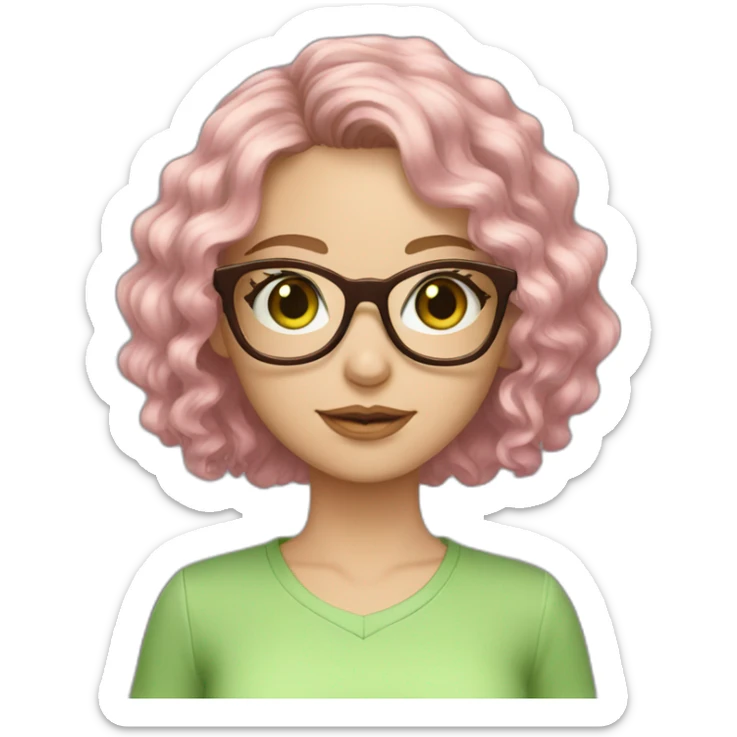 White Girl pink glasses green eyes wavy dark brown curly bob hair fringe sticker