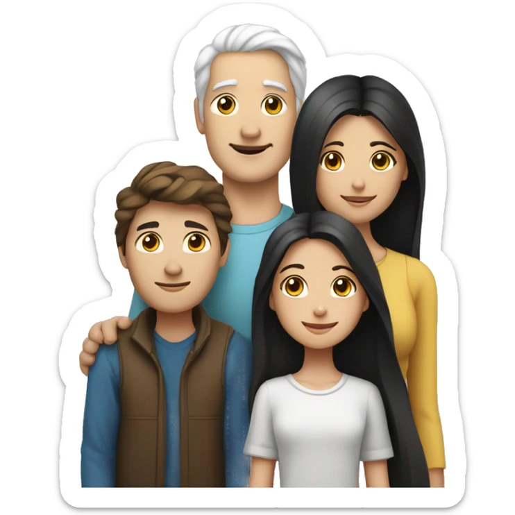  a woman with long brown hair, a man with white hair and a round face, and a young girl with long black hair standing between them, representing a family unit sticker