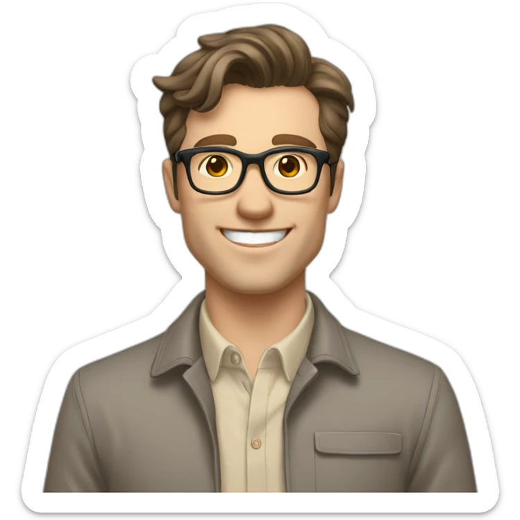 Joyful Pale skinned Fit Man With dark brown hair in gray jacket, beige office shirt, Brown pants and vintage glasses. His thrumbs up sticker