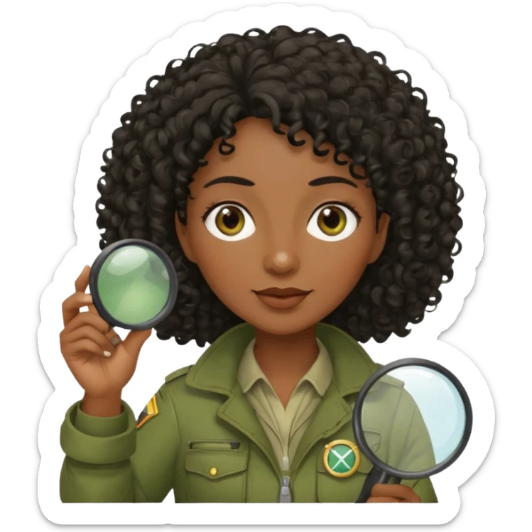 dark skin curly black haired middle-aged woman in moss green explorer outfit, holding magnifying glass sticker