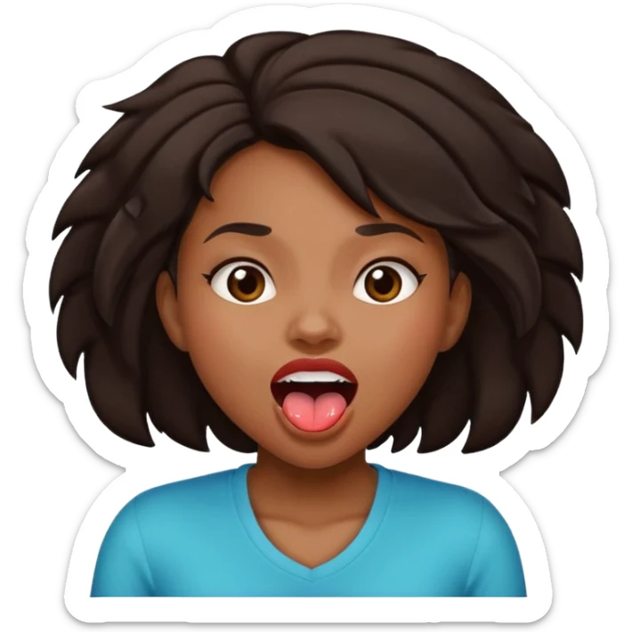 Black Girl with dark brown hair with mouth open and tongue out shaking her head sticker