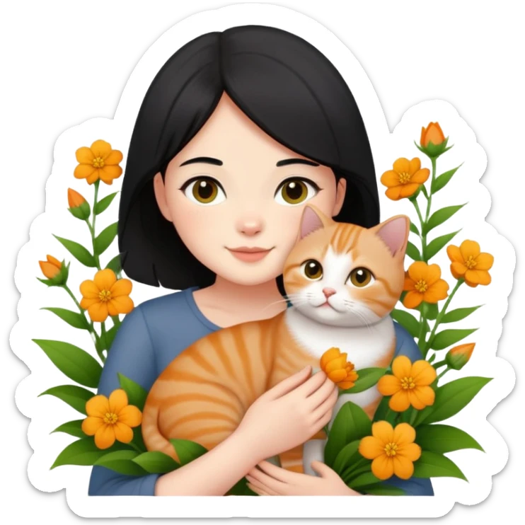 A black-haired girl happily holds a Ginger British Shorthair Cat in the flowers sticker