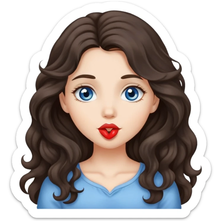 A girl with long, dark brown, wavy hair, grey-blue eyes, Sends a kiss sticker