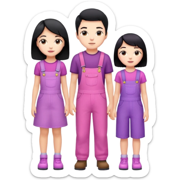 A short boy with black hair in pink overalls standing next to a really tall girl in a purple dress sticker