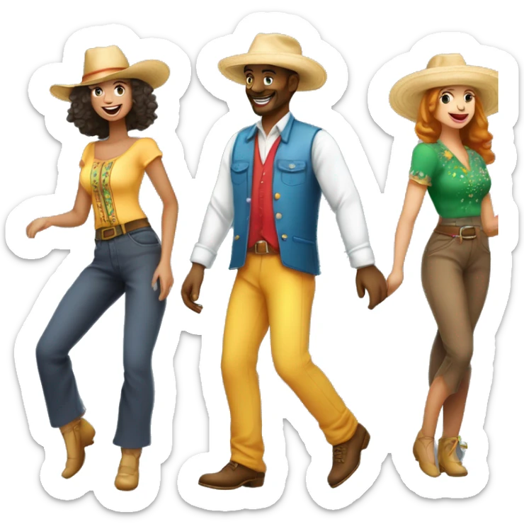casal dançando usando chapéu de palha e roupas coloridas em festa country sticker
