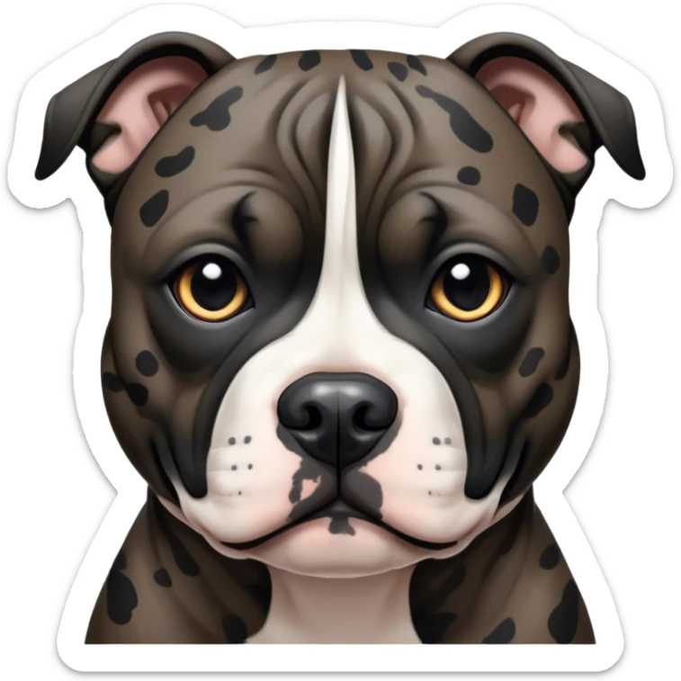 Cinematic Noble Black/Brindle Staffordshire Bull Terrier Portrait Emoji, Poised and regal, with a compact, muscular build and a sleek, well-groomed Fur featuring a striking mix of black and brindle patterns, deep-set soulful dark eyes, Simplified yet sharp and sophisticated features, highly detailed, glowing with a soft, dignified glow, high shine, intelligent and loyal, stylized with an air of strength, focused and attentive, soft glowing outline, capturing the essence of a watchful and confident guardian, so majestic it feels as though it could stride out of the screen with effortless authority! sticker