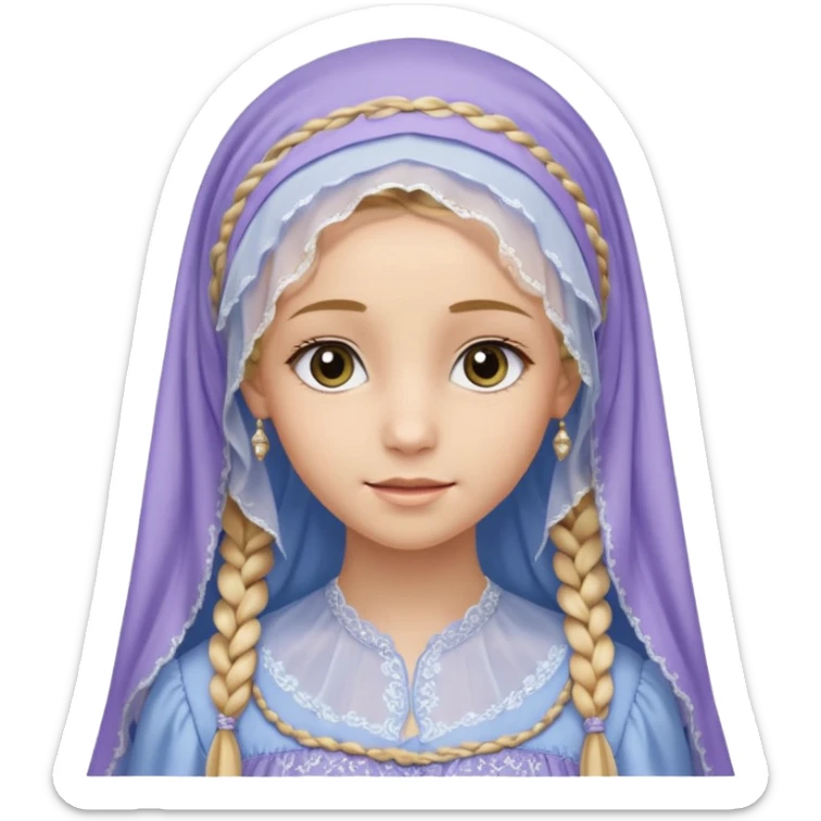 
mujer, Joven, de 25 aspecto dulce y elegante.
Piel clara, ojos grandes y expresivos, sonrisa triste.
Rubio o castaño claro, largo, con trenzas o velo.
Vestido largo cubriendole los zapatos, çde tonos suaves (blanco, azul o lavanda), con bordados dorados; toca fina cubriendo la cabeza. sticker