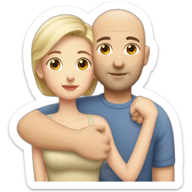 Bald Caucasian man and Caucasian woman with short dark hair intimate hug sticker
