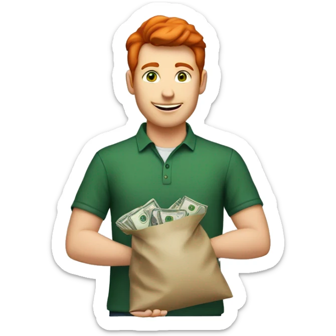 Man with short red hair, green eyes and oxford blue shirt holding bag of money sticker